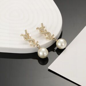 Yves Saint Laurent Gold and Pearl Logo Earrings